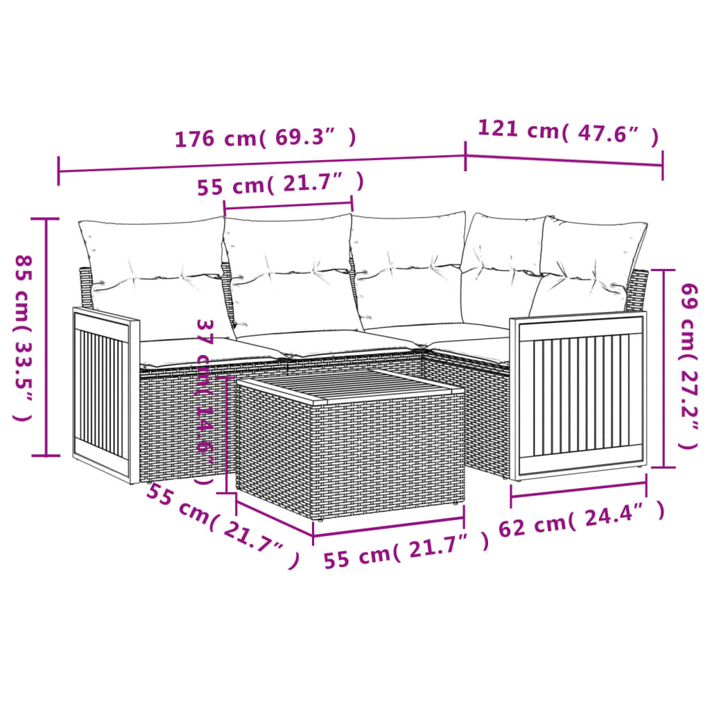 5 Pcs conjunto sofás de jardim c/ almofadões vime PE cinzento