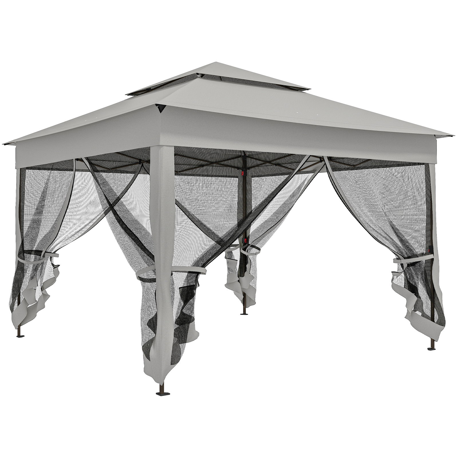 Tenda dobrável exterior 325x325x270 cm tenda de jardim com teto duplo rede mosquiteira amovível e bolsa de transporte cinzento