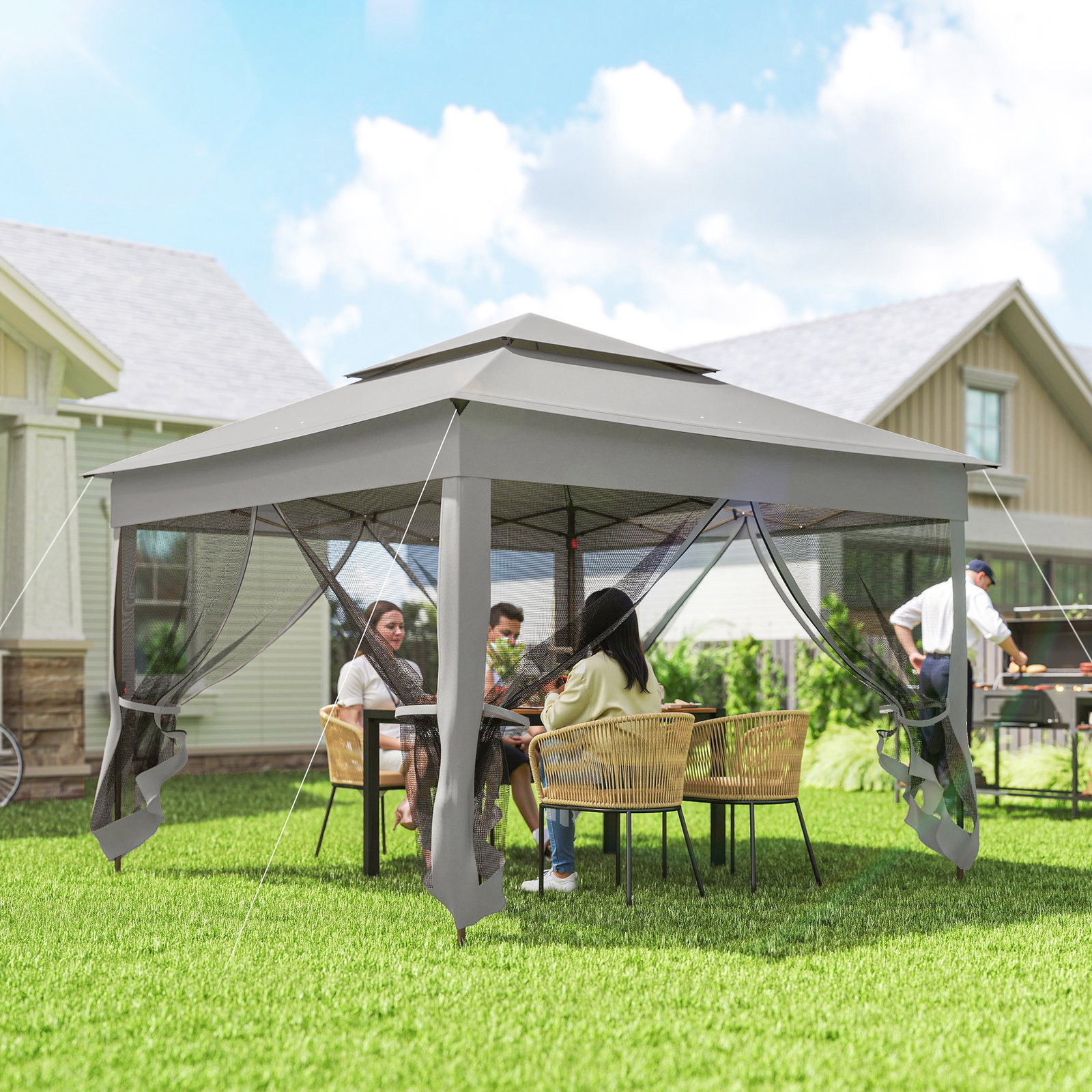 Tenda dobrável exterior 325x325x270 cm tenda de jardim com teto duplo rede mosquiteira amovível e bolsa de transporte cinzento