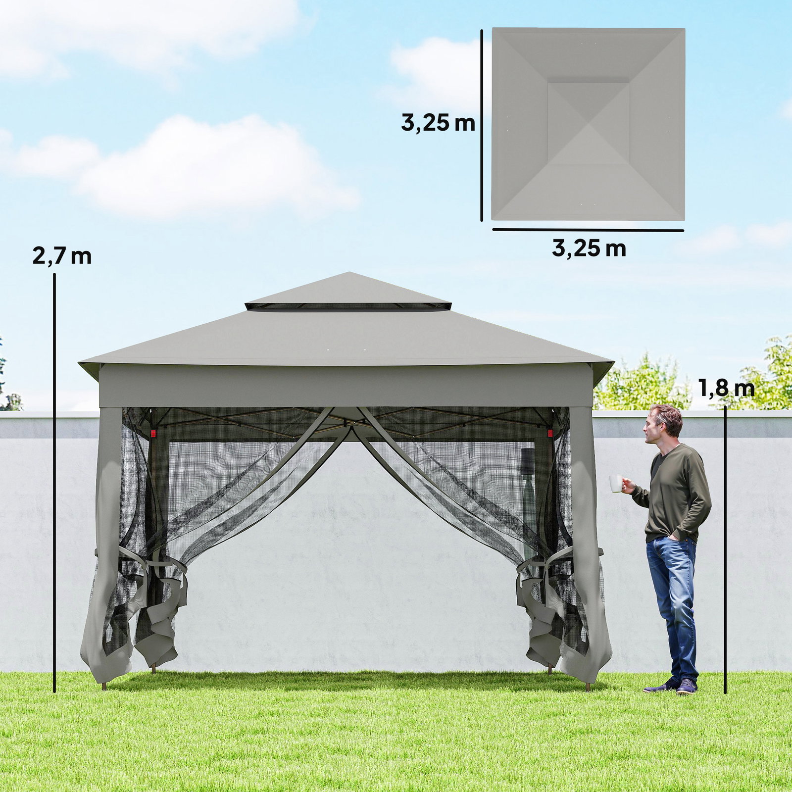 Tenda dobrável exterior 325x325x270 cm tenda de jardim com teto duplo rede mosquiteira amovível e bolsa de transporte cinzento