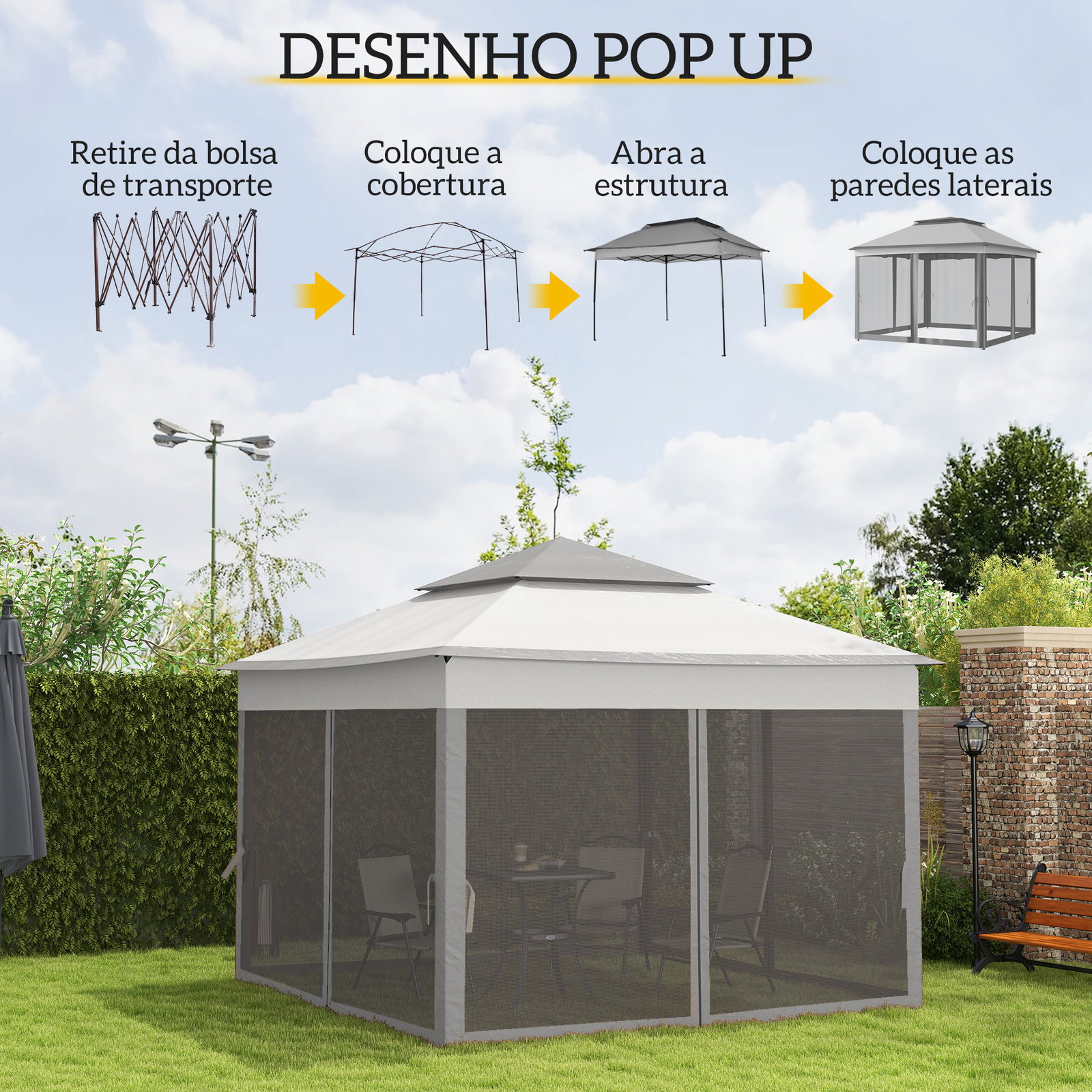 Tenda dobrável exterior 325x325x270 cm tenda de jardim com teto duplo rede mosquiteira amovível e bolsa de transporte cinzento