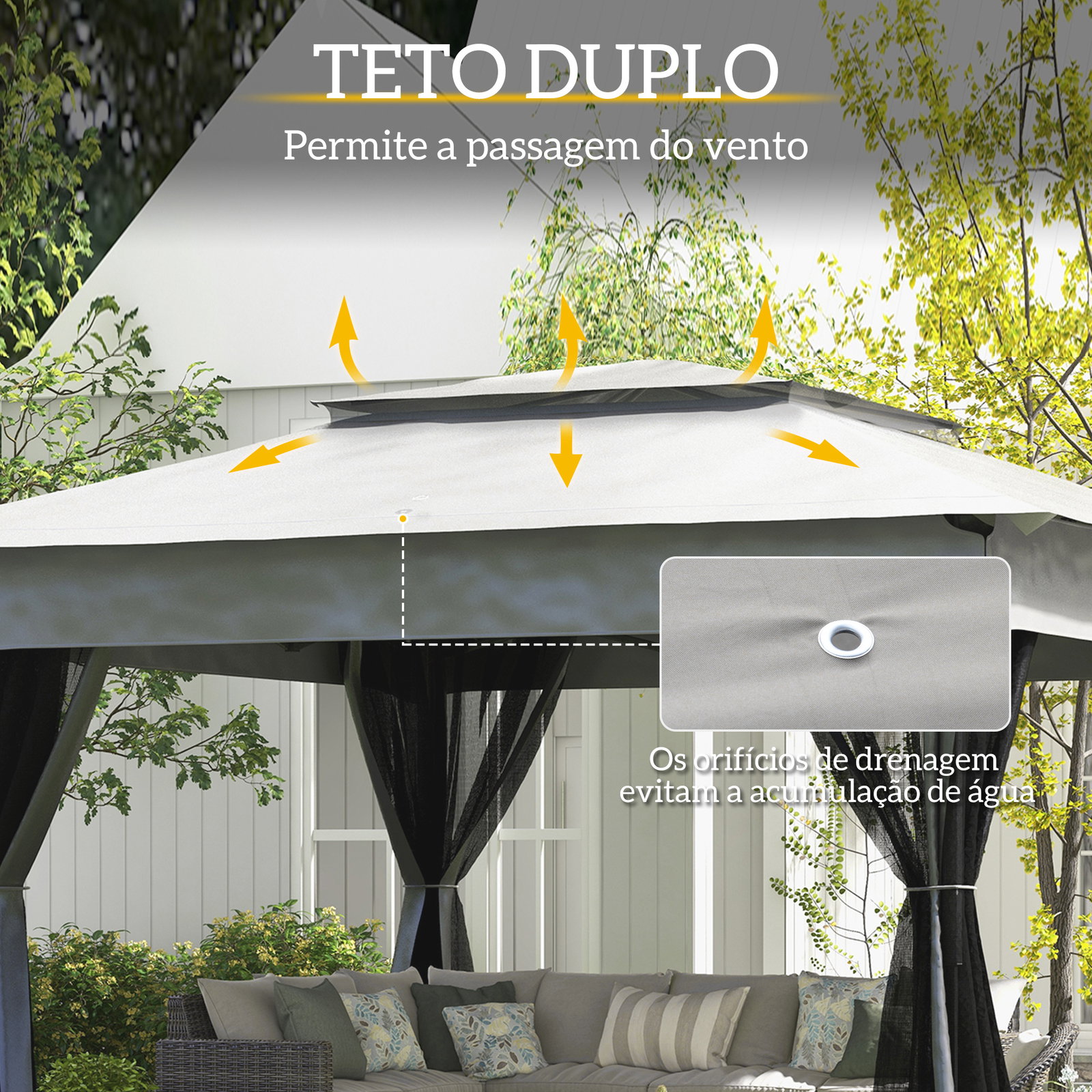 Tenda dobrável exterior 325x325x270 cm tenda de jardim com teto duplo rede mosquiteira amovível e bolsa de transporte cinzento