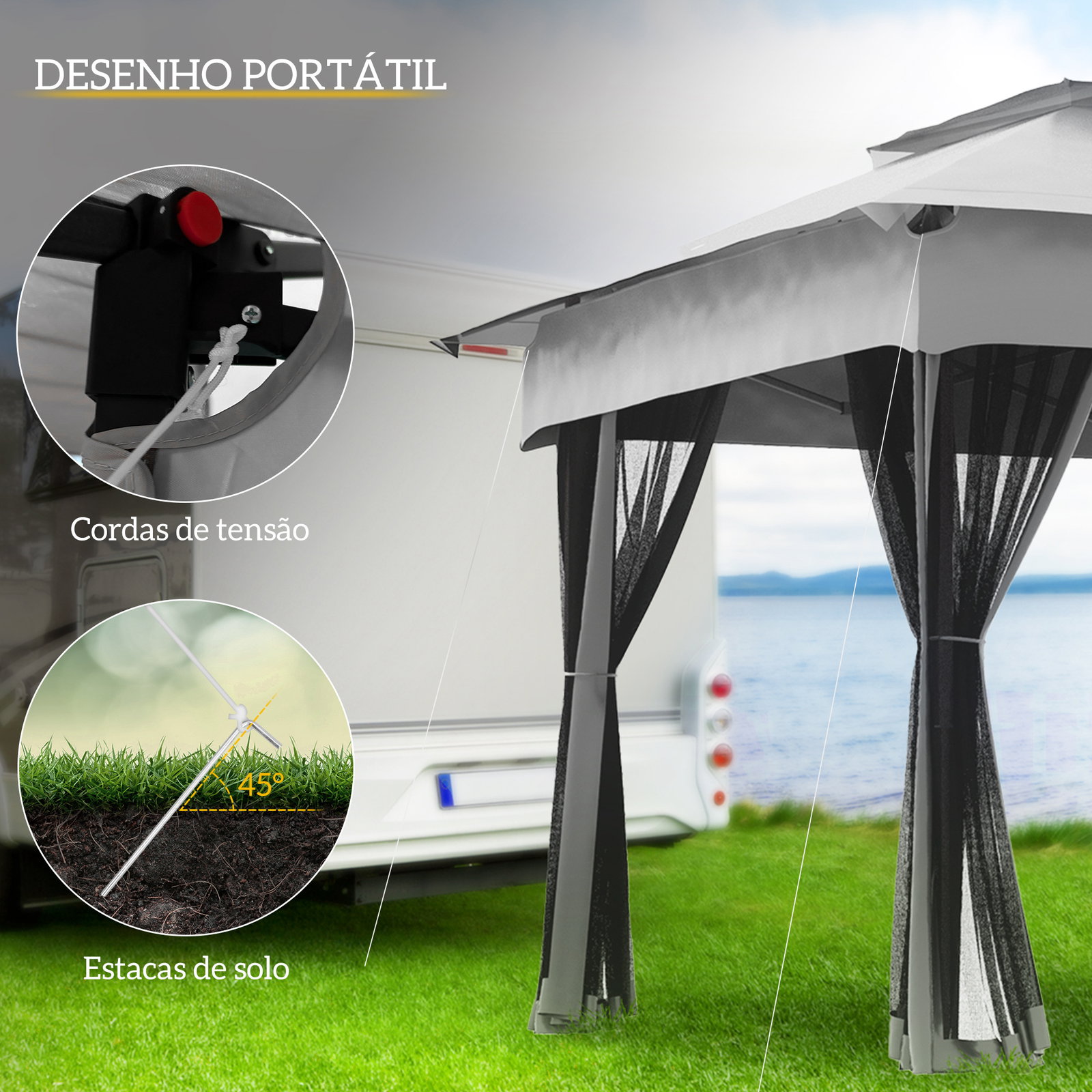 Tenda dobrável exterior 325x325x270 cm tenda de jardim com teto duplo rede mosquiteira amovível e bolsa de transporte cinzento