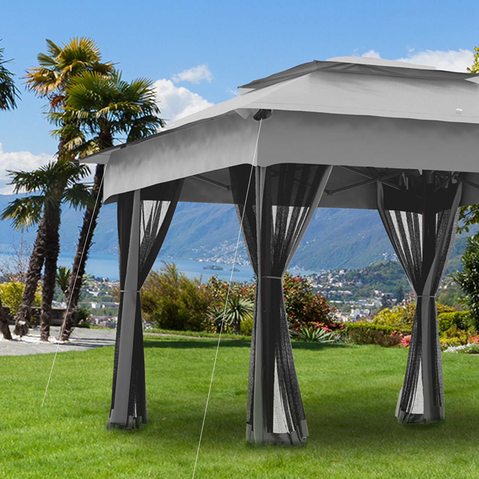 Tenda dobrável exterior 325x325x270 cm tenda de jardim com teto duplo rede mosquiteira amovível e bolsa de transporte cinzento
