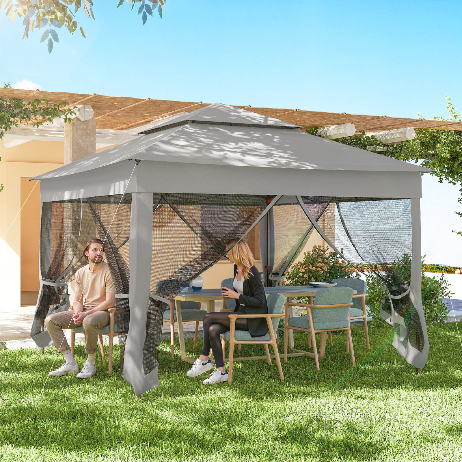Tenda dobrável exterior 325x325x270 cm tenda de jardim com teto duplo rede mosquiteira amovível e bolsa de transporte cinzento
