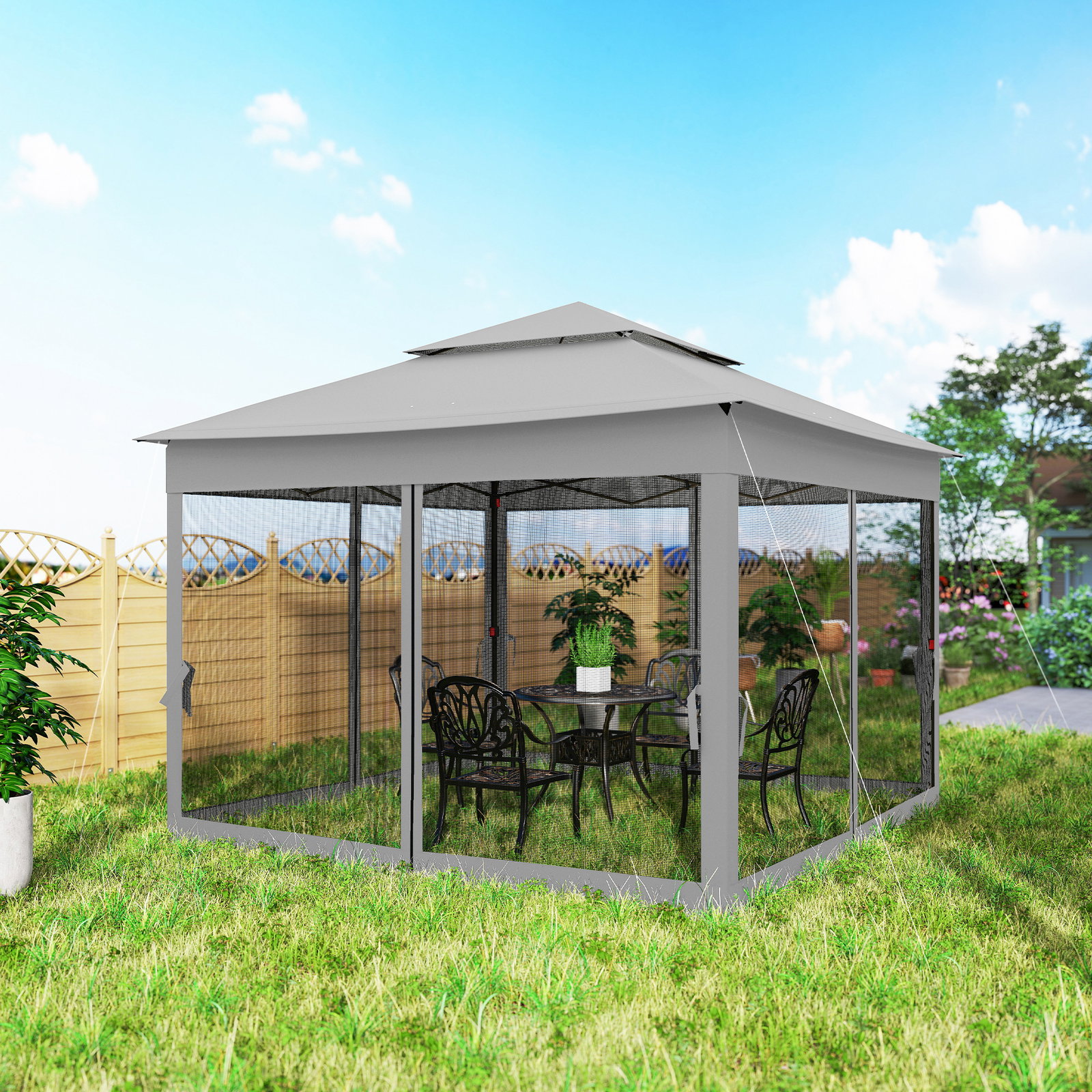 Tenda dobrável exterior 325x325x270 cm tenda de jardim com teto duplo rede mosquiteira amovível e bolsa de transporte cinzento