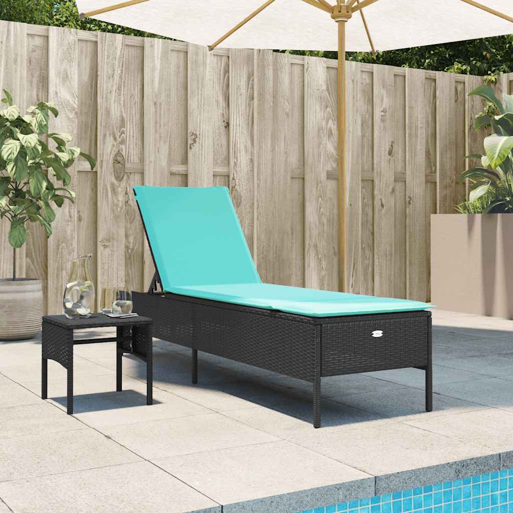 Espreguiçadeira com mesa e almofada em rattan sintético preto