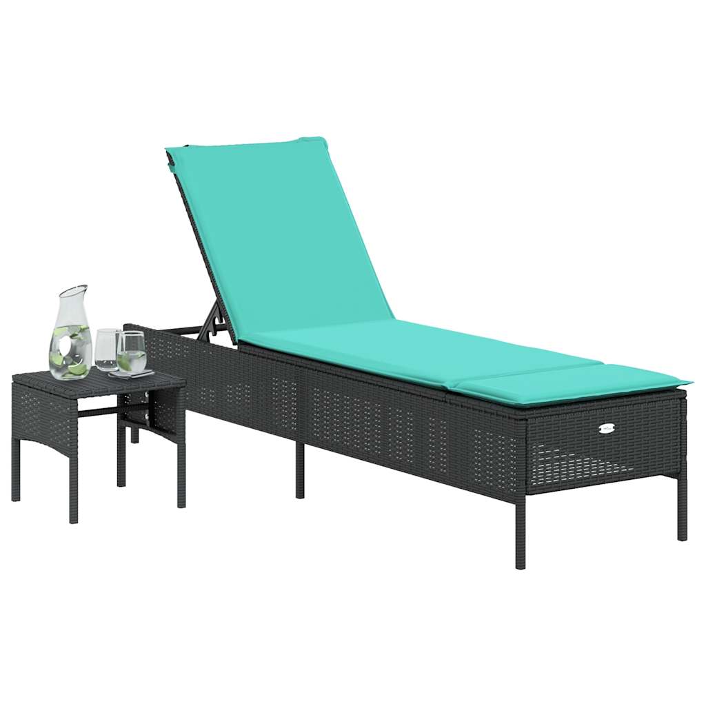 Espreguiçadeira com mesa e almofada em rattan sintético preto