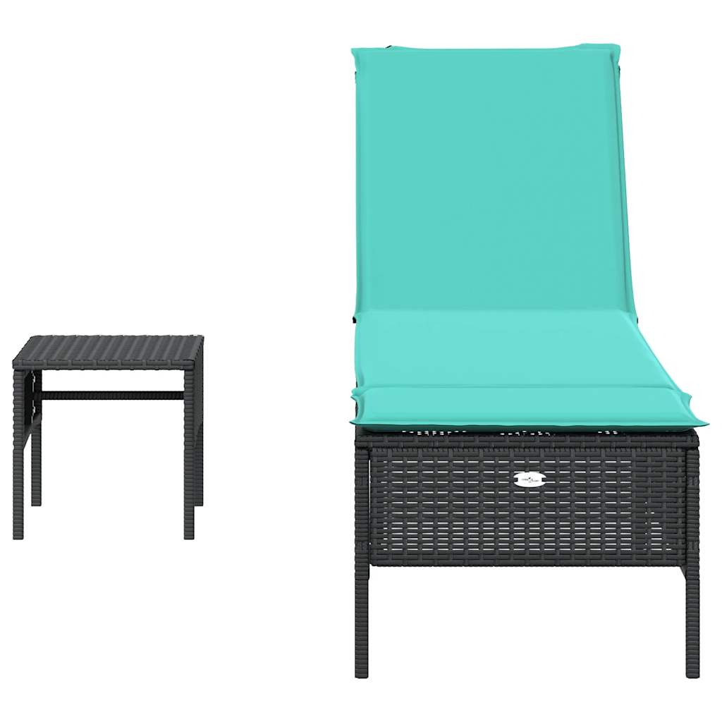 Espreguiçadeira com mesa e almofada em rattan sintético preto