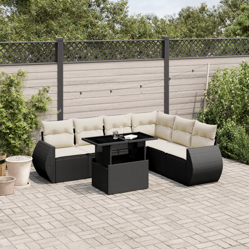 7 Pcs conjunto de sofás p/ jardim c/ almofadões vime PE preto