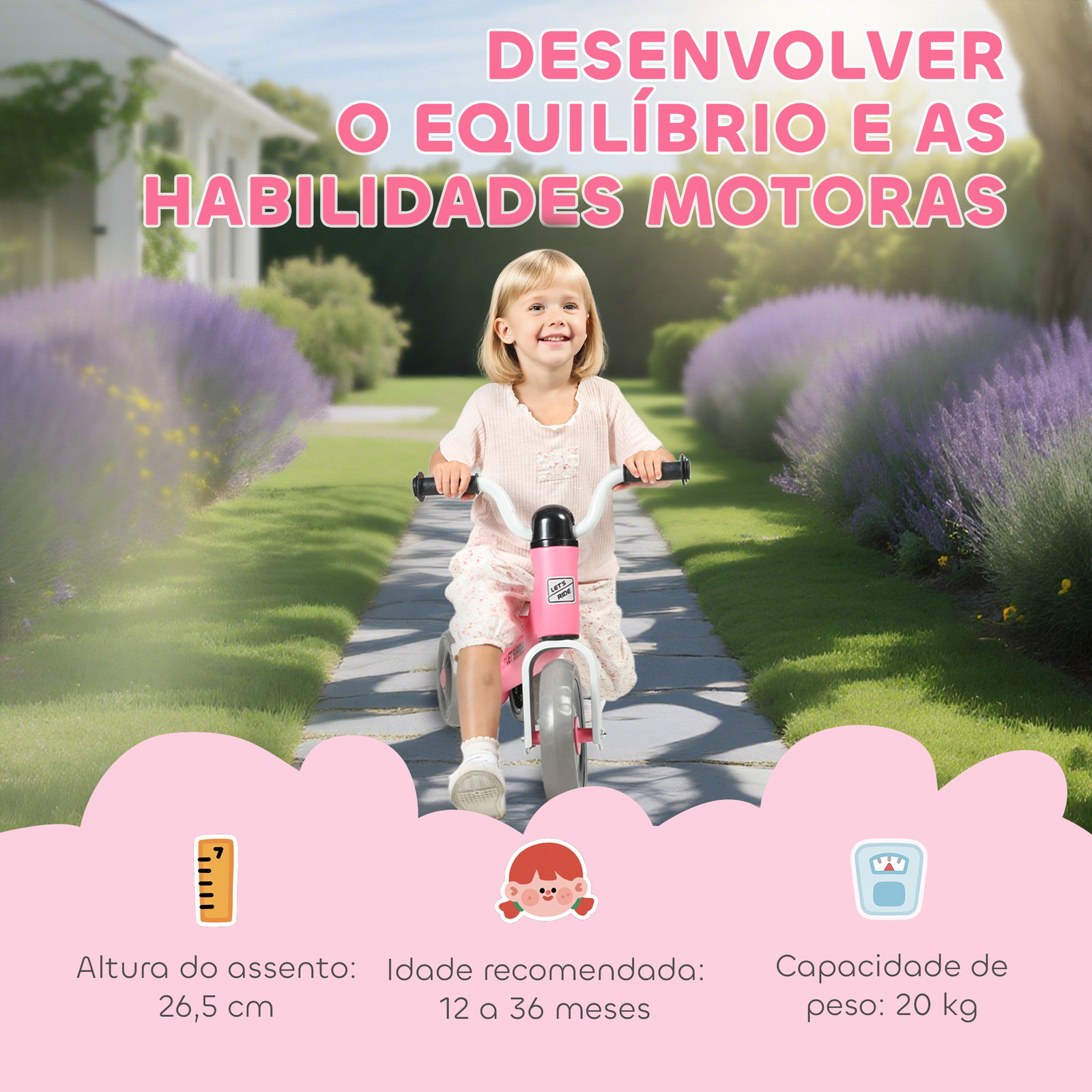 Bicicleta sem pedais para crianças dos 12 aos 36 meses bicicleta de equilíbrio com guiadores com rotação limitada a 60° 69x40x49 cm rosa