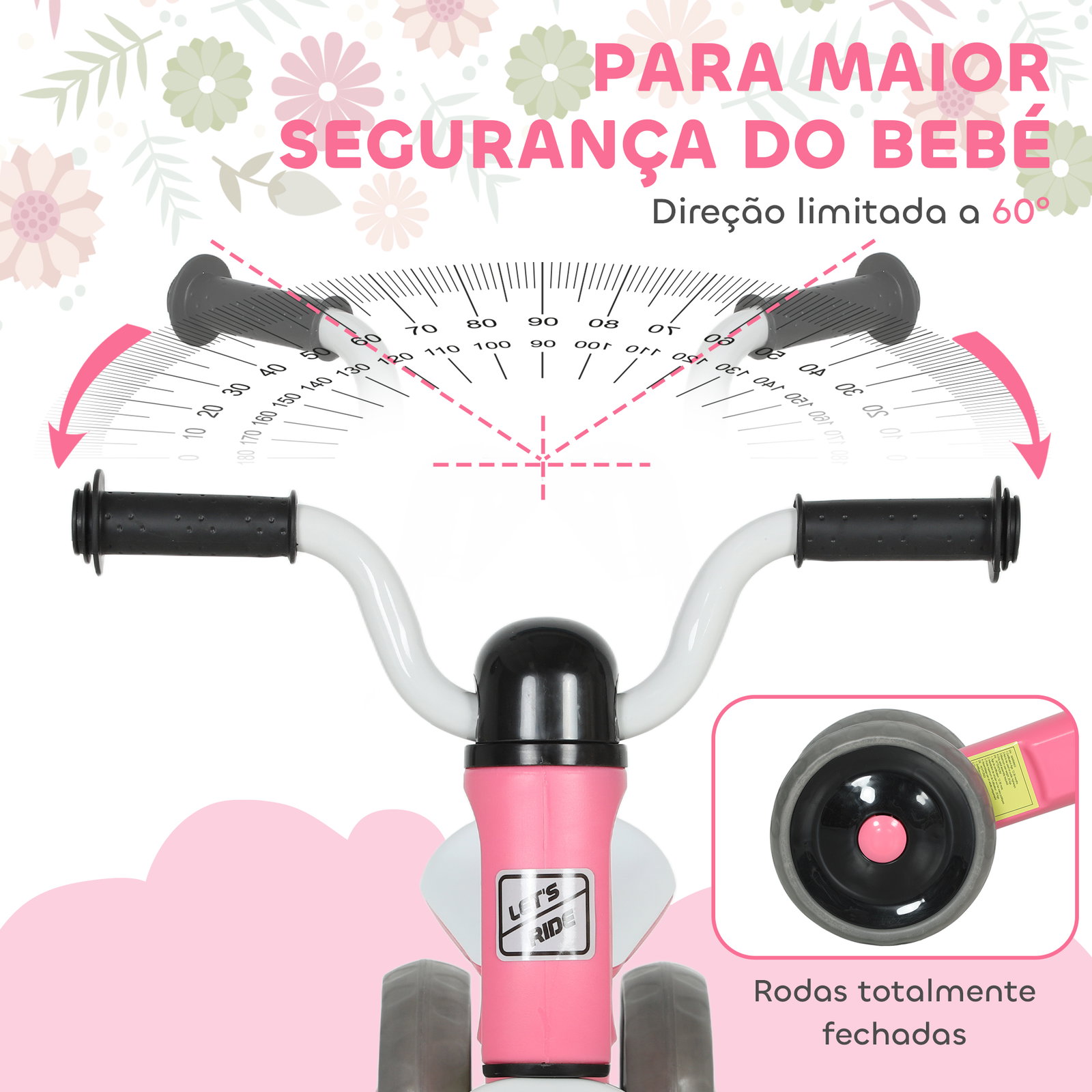 Bicicleta sem pedais para crianças dos 12 aos 36 meses bicicleta de equilíbrio com guiadores com rotação limitada a 60° 69x40x49 cm rosa