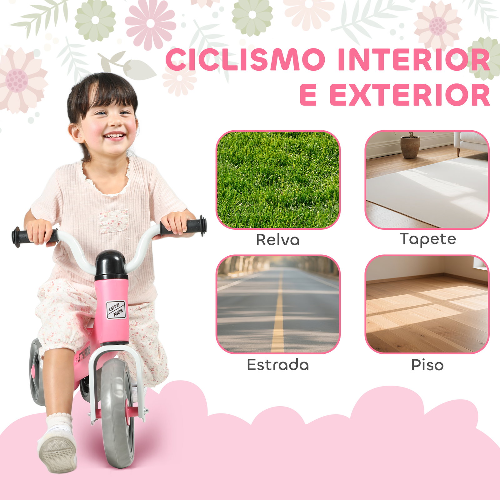 Bicicleta sem pedais para crianças dos 12 aos 36 meses bicicleta de equilíbrio com guiadores com rotação limitada a 60° 69x40x49 cm rosa