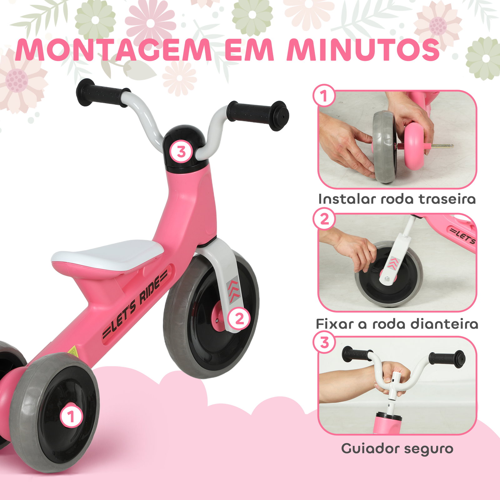 Bicicleta sem pedais para crianças dos 12 aos 36 meses bicicleta de equilíbrio com guiadores com rotação limitada a 60° 69x40x49 cm rosa