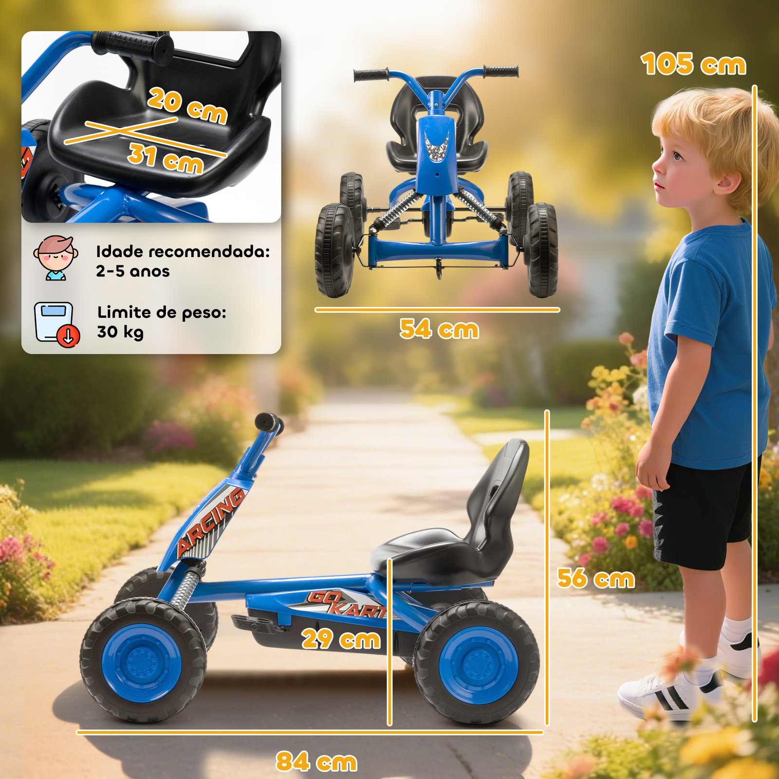 Kart a pedais go-kart com rodas PP estrutura de aço carga 30 kg para crianças 2-5 anos 84x54x56 cm azul