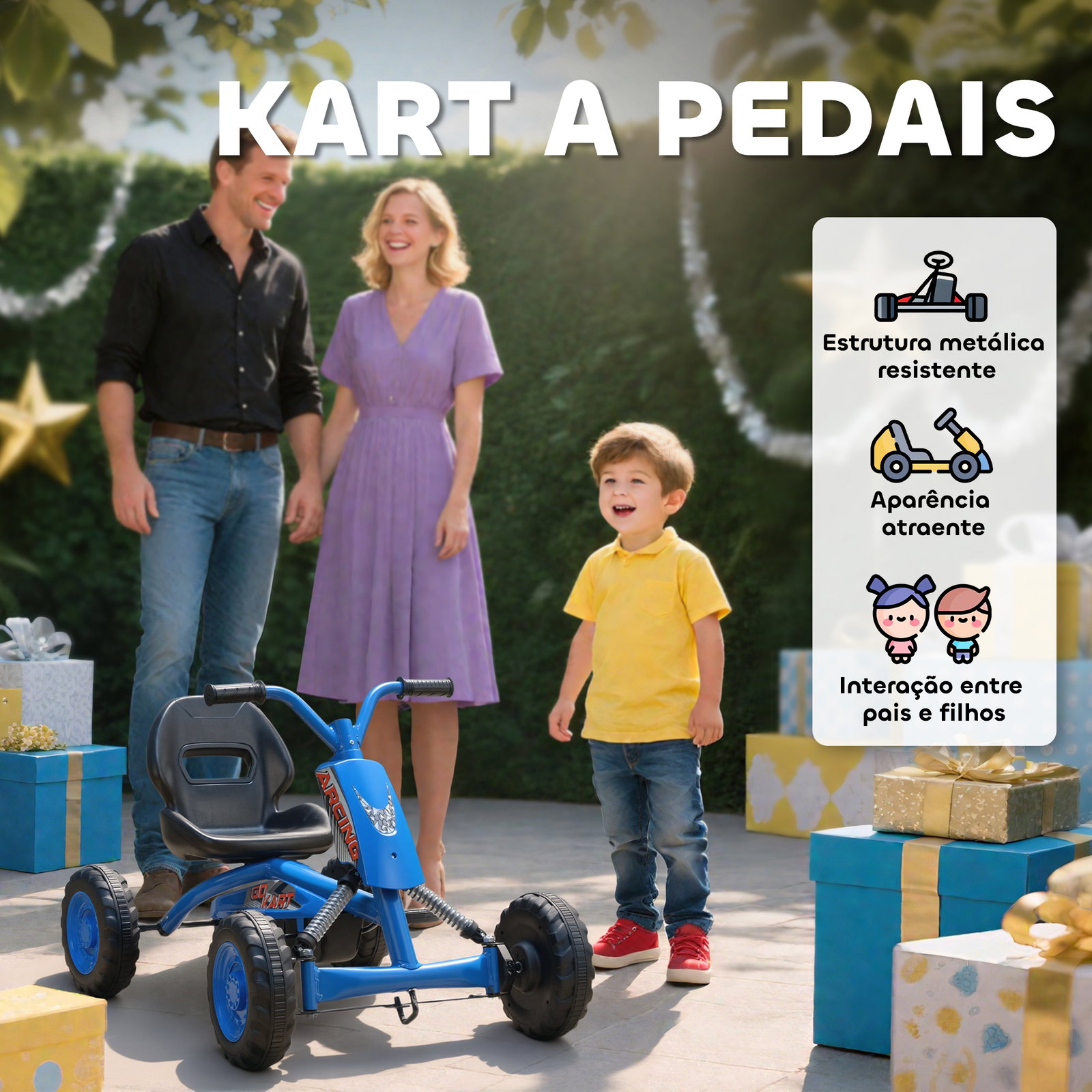 Kart a pedais go-kart com rodas PP estrutura de aço carga 30 kg para crianças 2-5 anos 84x54x56 cm azul