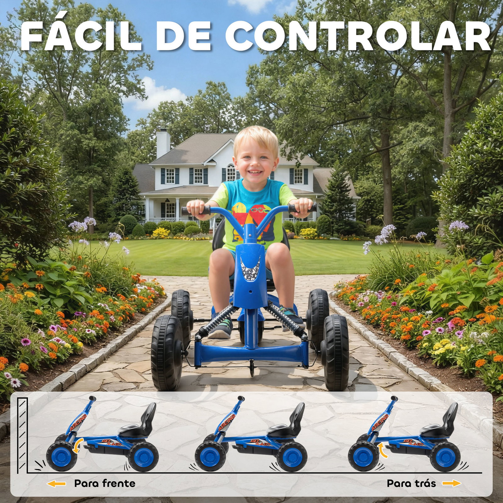 Kart a pedais go-kart com rodas PP estrutura de aço carga 30 kg para crianças 2-5 anos 84x54x56 cm azul
