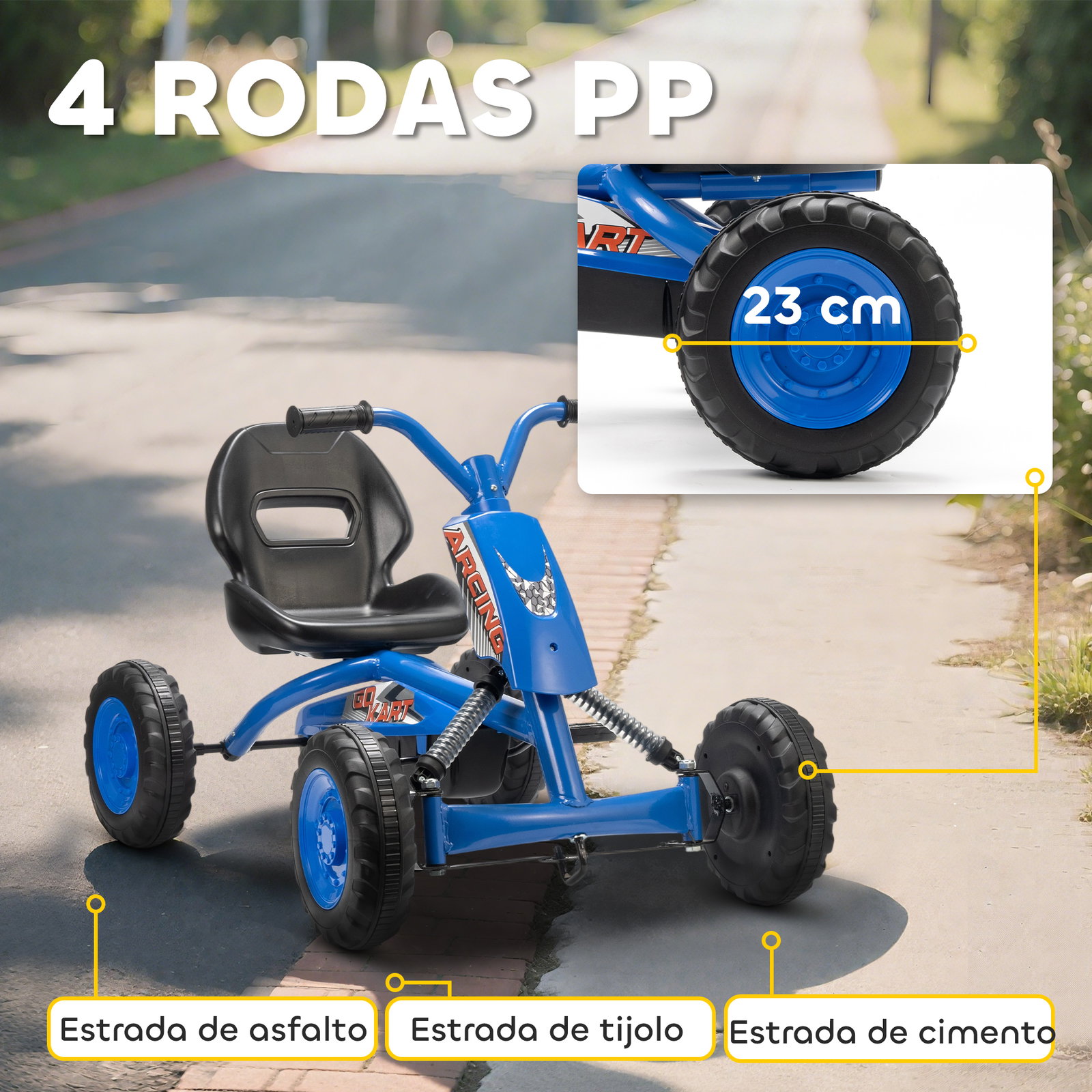 Kart a pedais go-kart com rodas PP estrutura de aço carga 30 kg para crianças 2-5 anos 84x54x56 cm azul
