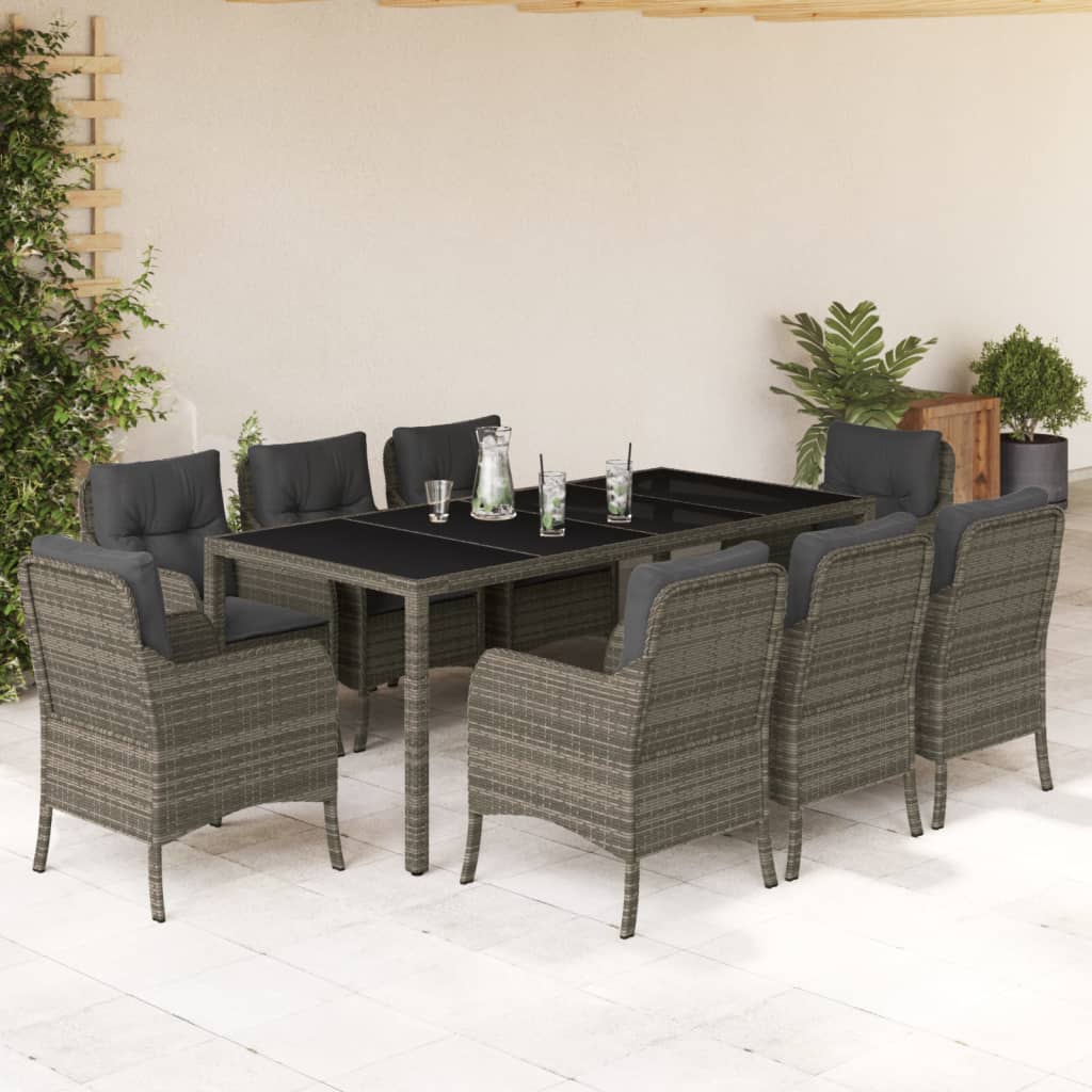 9 Pcs conjunto de jantar p/ jardim c/ almofadões vime PE cinza