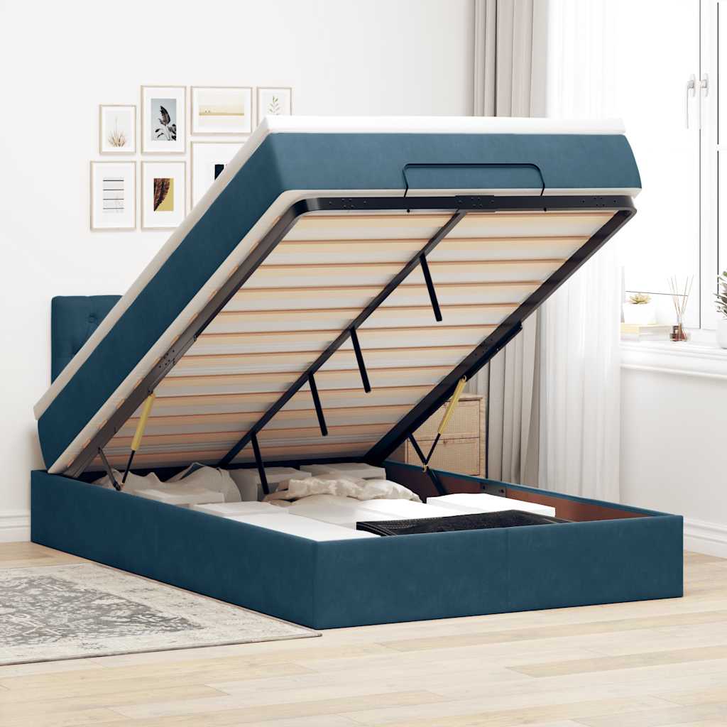 Estrutura cama otomana colchão 120x200cm veludo azul escuro