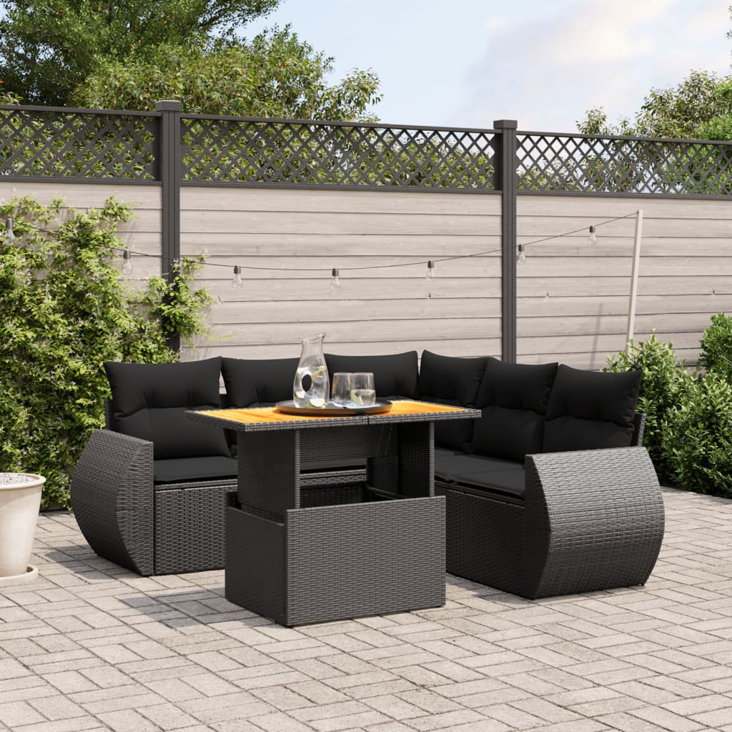 6 Pcs conjunto sofás de jardim c/ almofadões vime PE preto