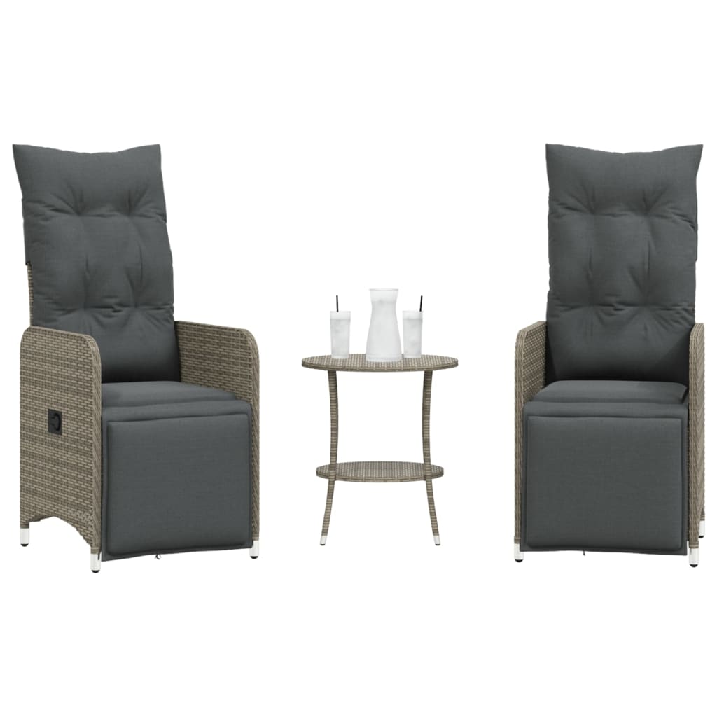 Cadeiras jardim reclináveis 2 pcs com mesa vime PE cinzento