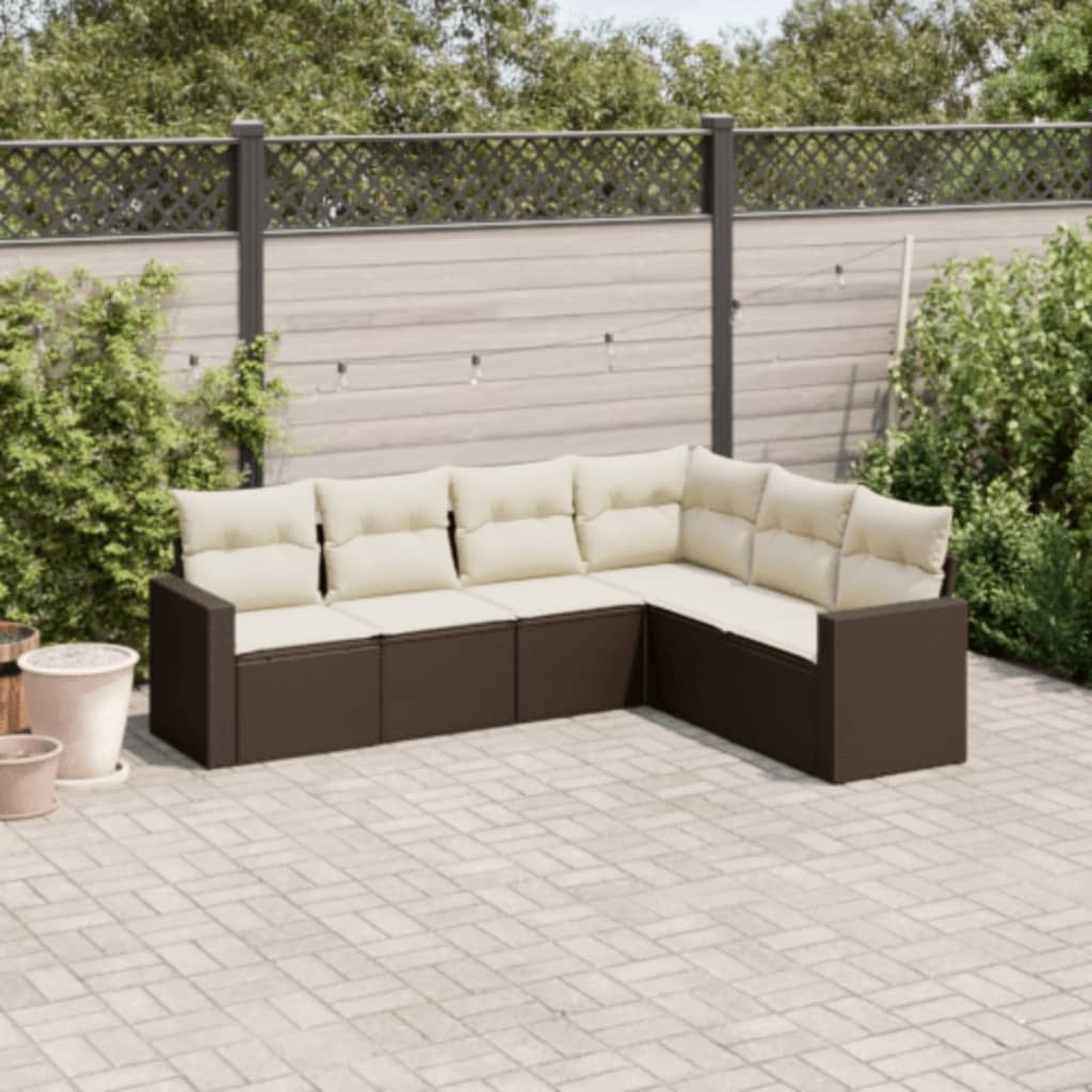 6 Pcs conjunto de sofás jardim c/ almofadões vime PE castanho