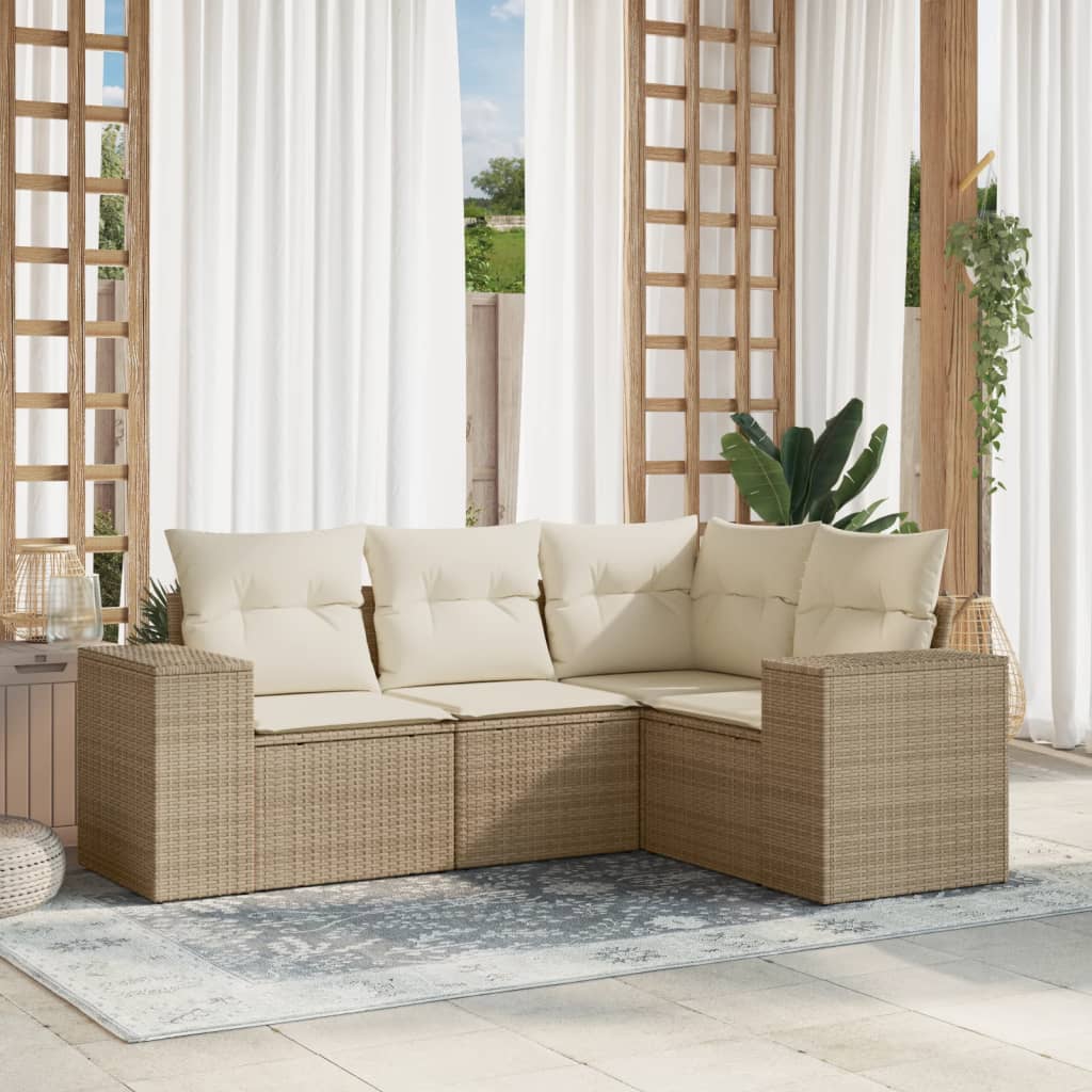 4 Pcs conjunto de sofás para jardim c/ almofadões vime PE bege
