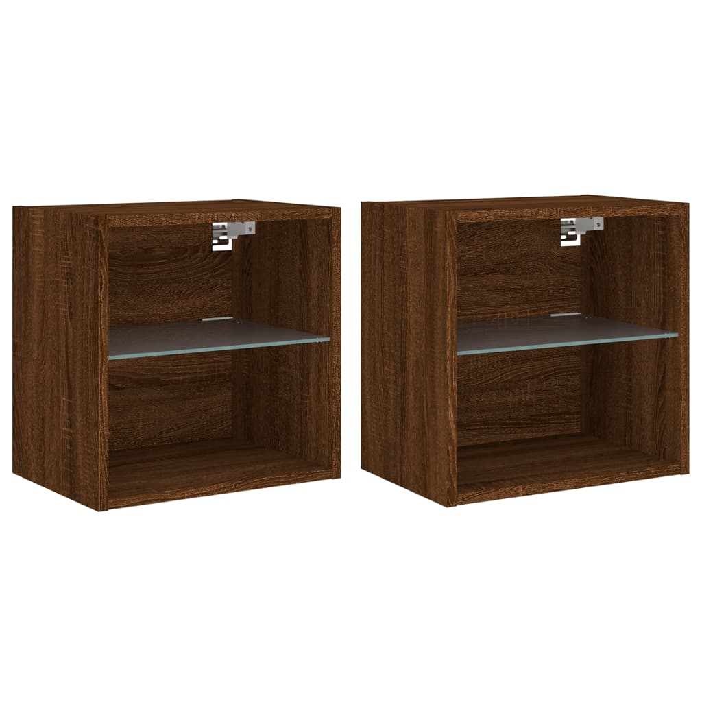 Mesas de cabeceira parede c/ luzes LED 2 pcs carvalho castanho