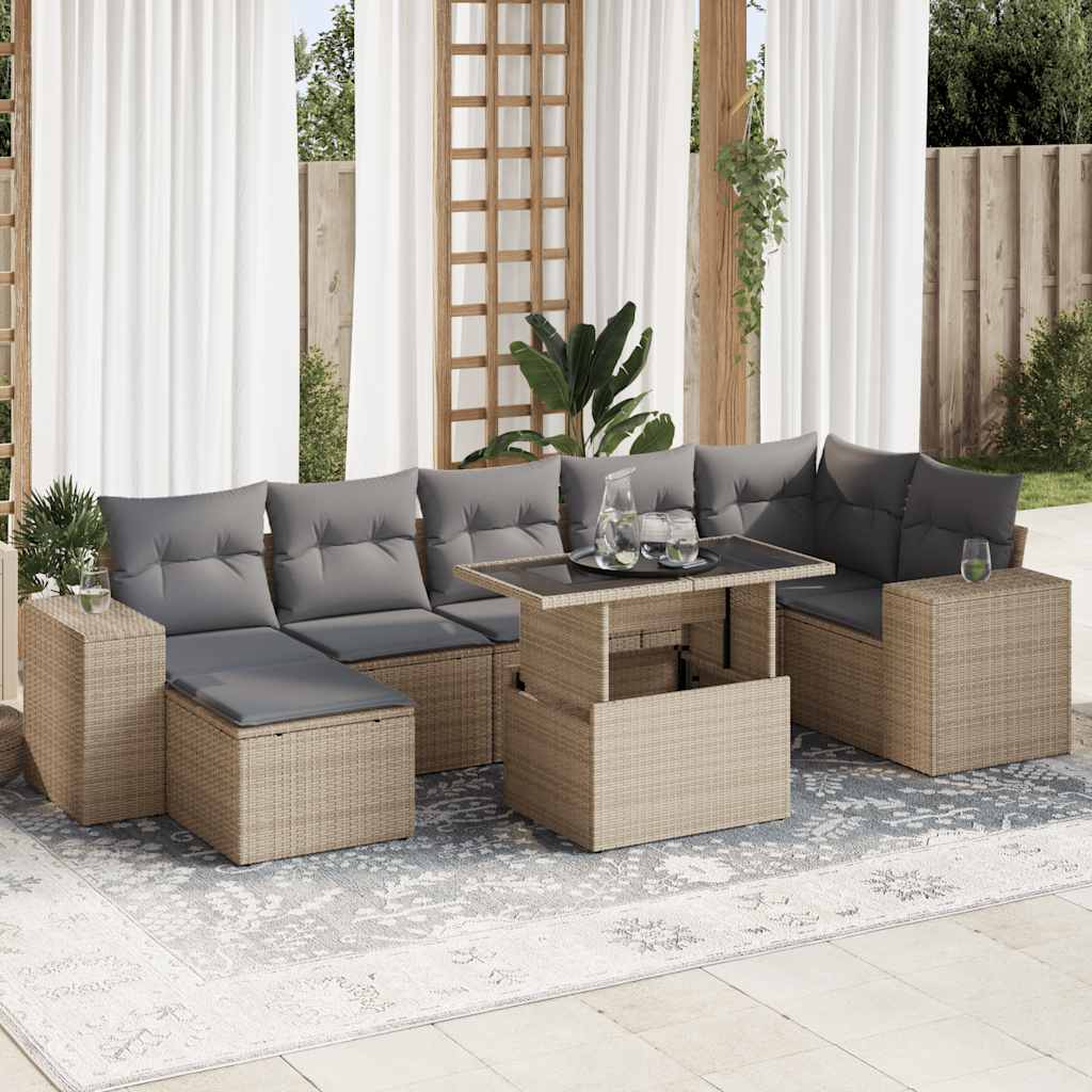 8 Pcs conjunto de sofás p/ jardim com almofadões vime PE bege