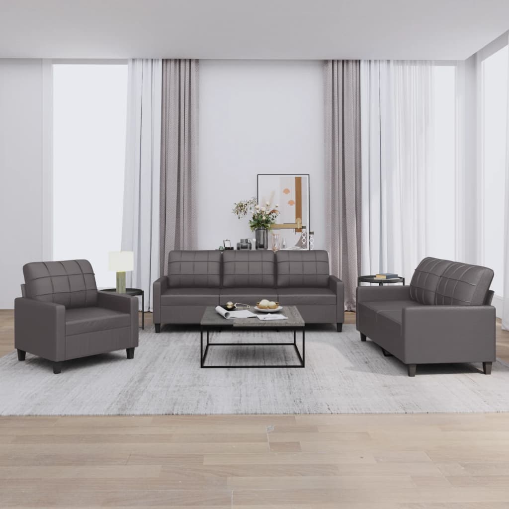 3 Pcs conjunto de sofás c/ almofadões couro artificial cinzento