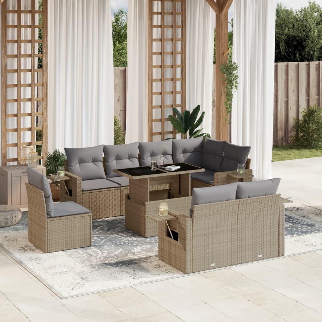 9 Pcs conjunto de sofás p/ jardim com almofadões vime PE bege