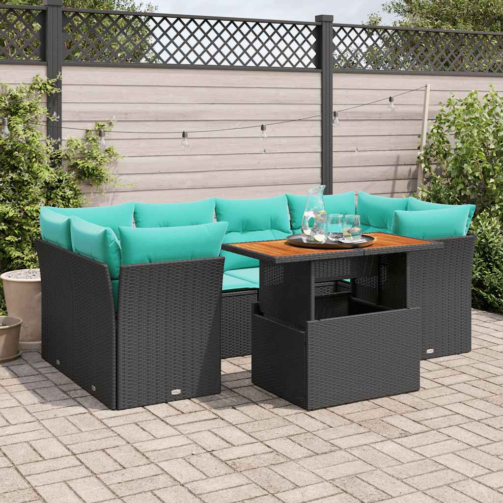 7 Pcs conjunto de sofás p/ jardim c/ almofadões vime PE preto