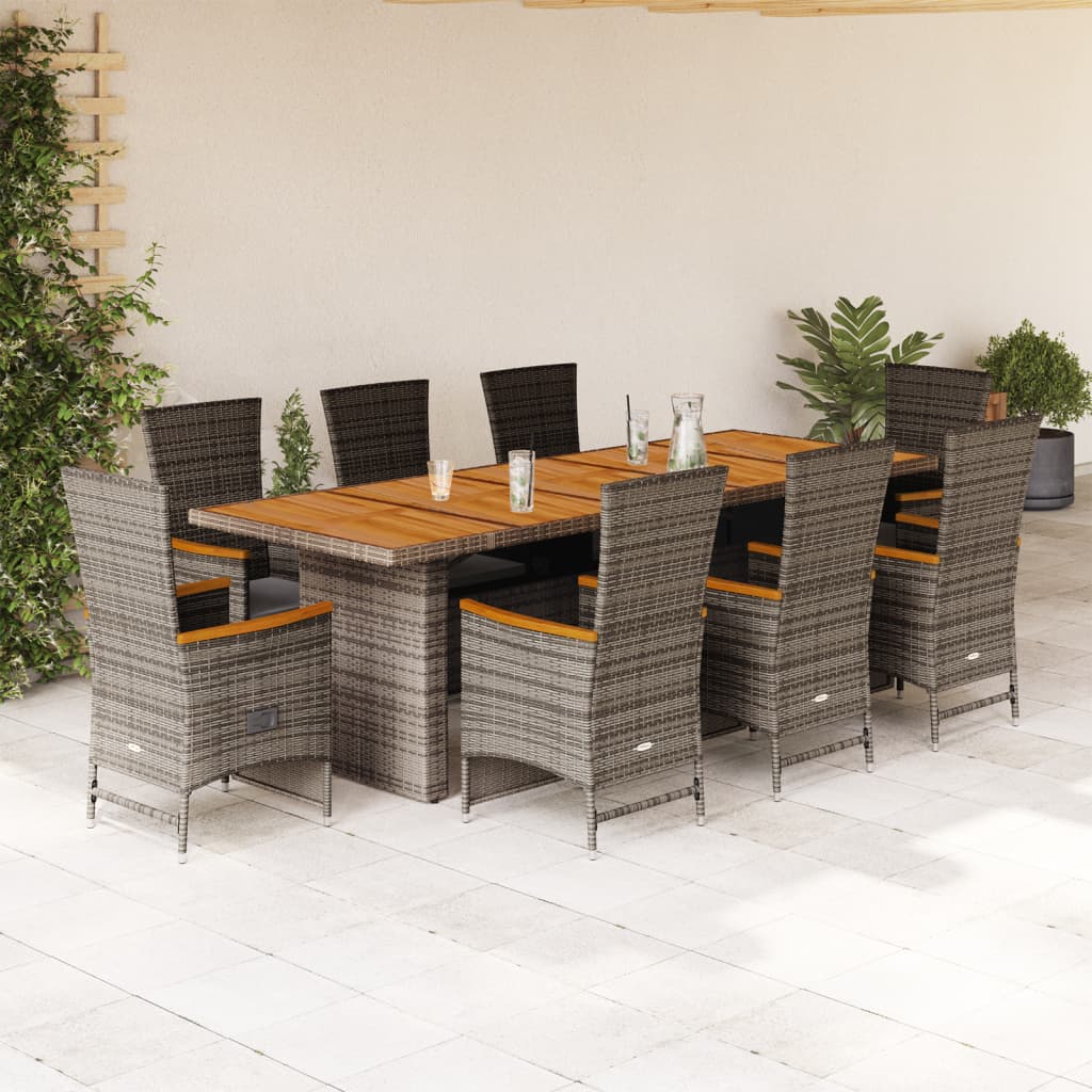 9 Pcs conjunto de jantar p/ jardim c/ almofadões vime PE cinza