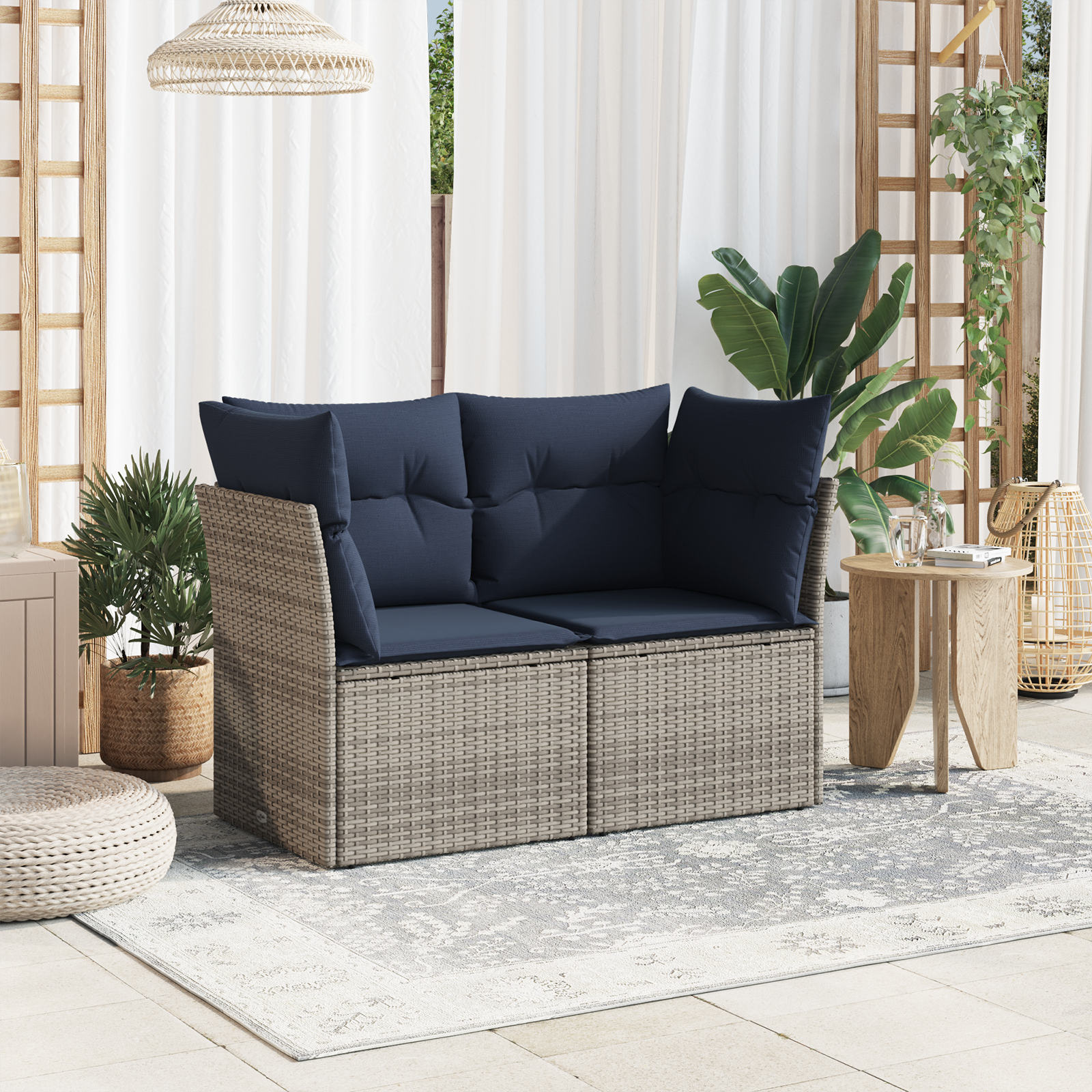 | Sofá de jardim | com almofada cinzeto 124 x 62 x 69 cm vime PE