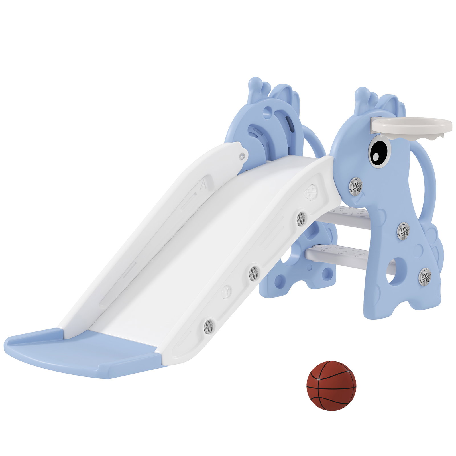 Escorrega para crianças 3 em 1 com escada tabela de basquetebol e desenho de girafa 106x51,5x52 cm azul claro