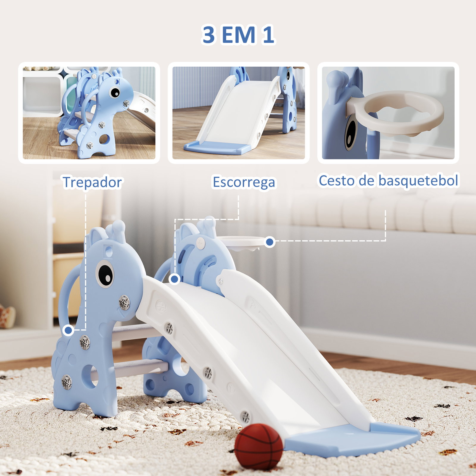 Escorrega para crianças 3 em 1 com escada tabela de basquetebol e desenho de girafa 106x51,5x52 cm azul claro