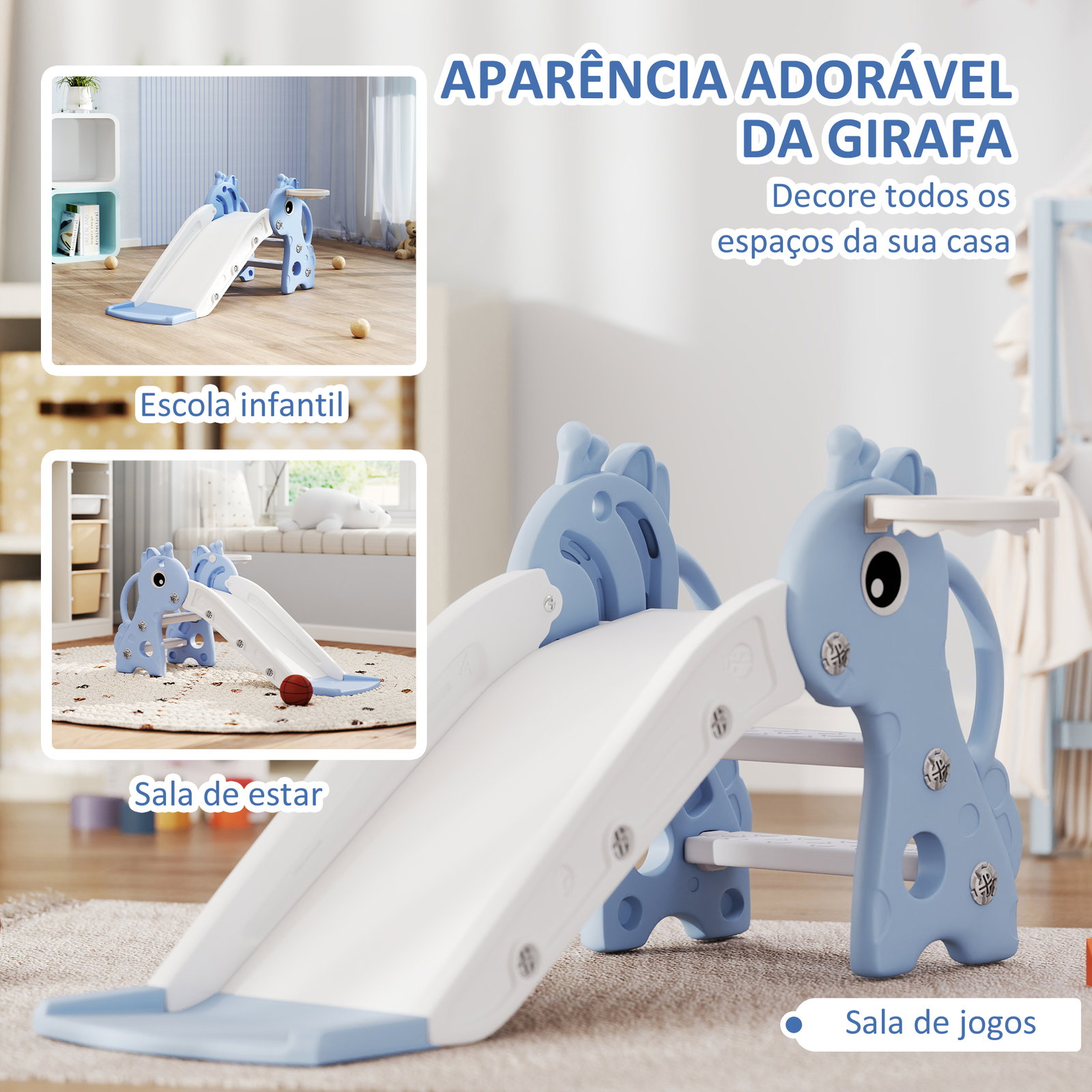 Escorrega para crianças 3 em 1 com escada tabela de basquetebol e desenho de girafa 106x51,5x52 cm azul claro