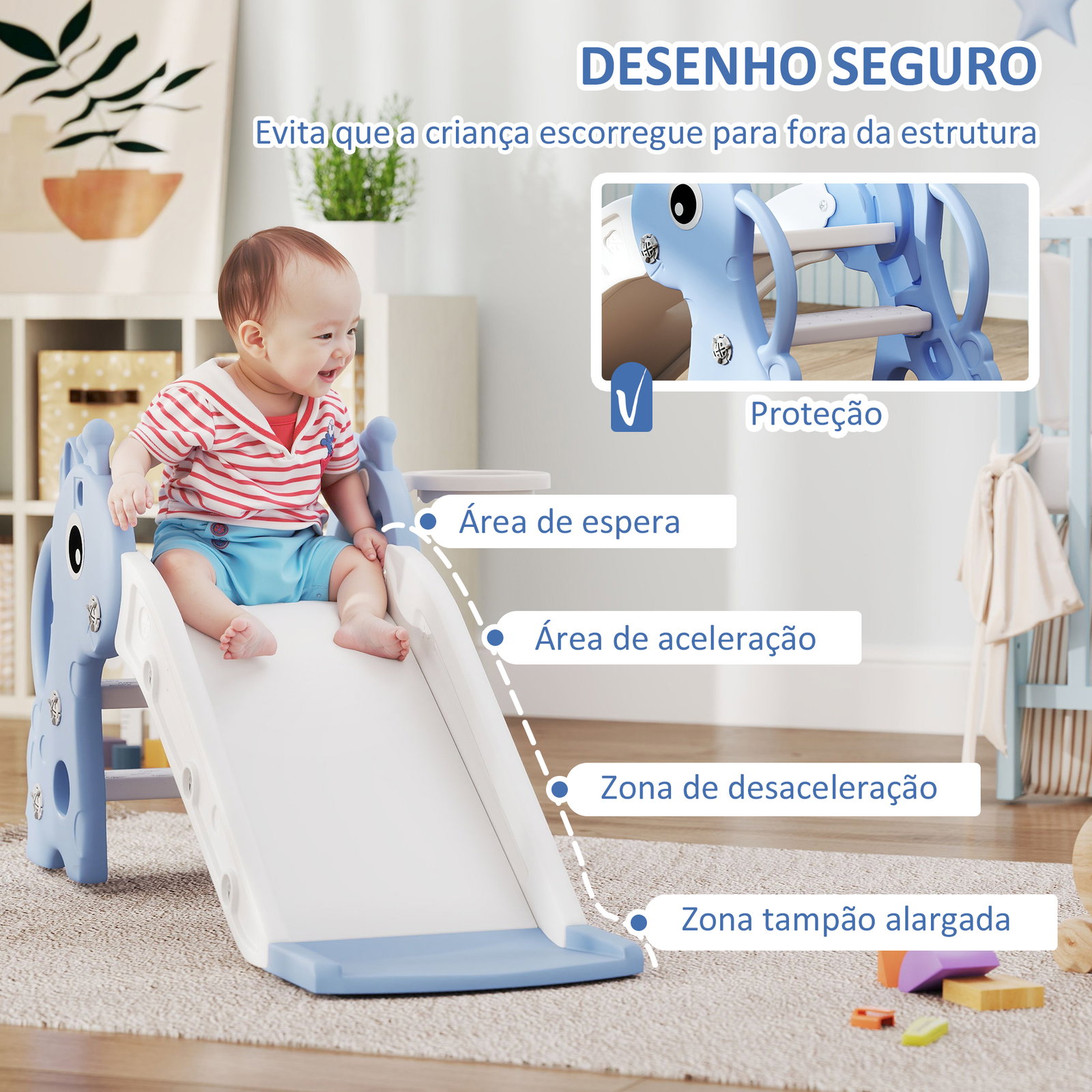 Escorrega para crianças 3 em 1 com escada tabela de basquetebol e desenho de girafa 106x51,5x52 cm azul claro