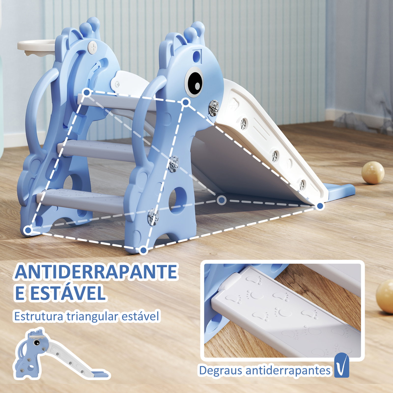 Escorrega para crianças 3 em 1 com escada tabela de basquetebol e desenho de girafa 106x51,5x52 cm azul claro