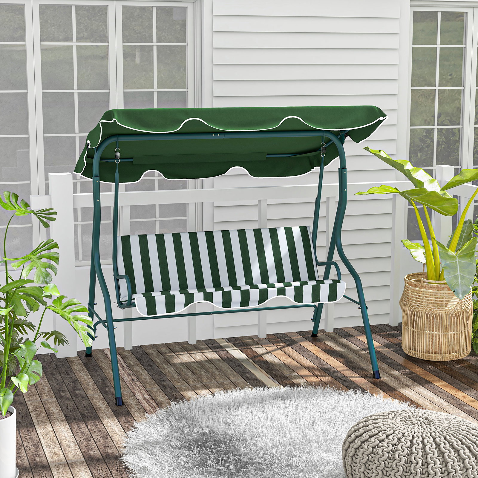 Baloiço de jardim de 2-3 lugares com almofada toldo ajustável terraço patio capacidade 240kg 170x110x153cm verde e branco