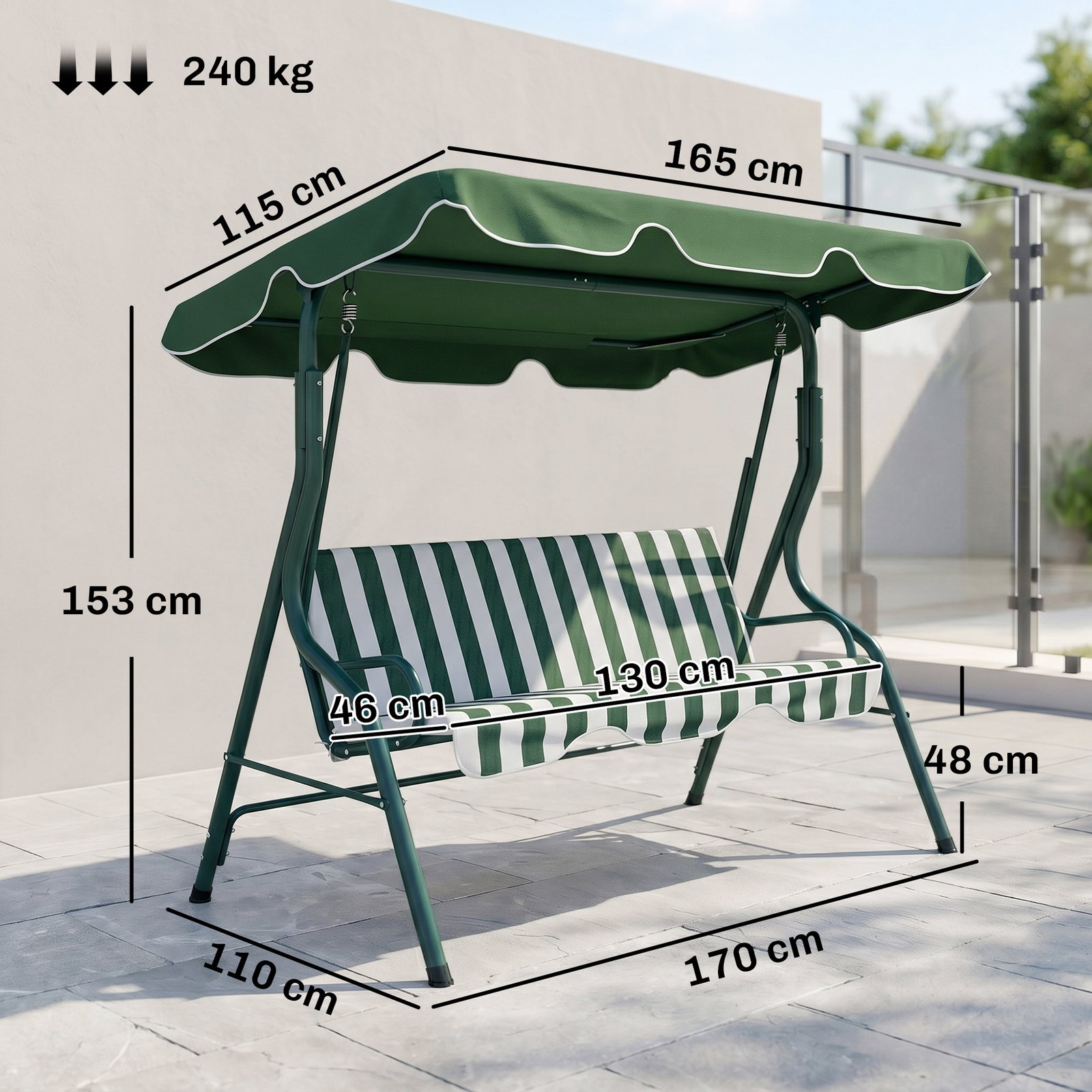 Baloiço de jardim de 2-3 lugares com almofada toldo ajustável terraço patio capacidade 240kg 170x110x153cm verde e branco