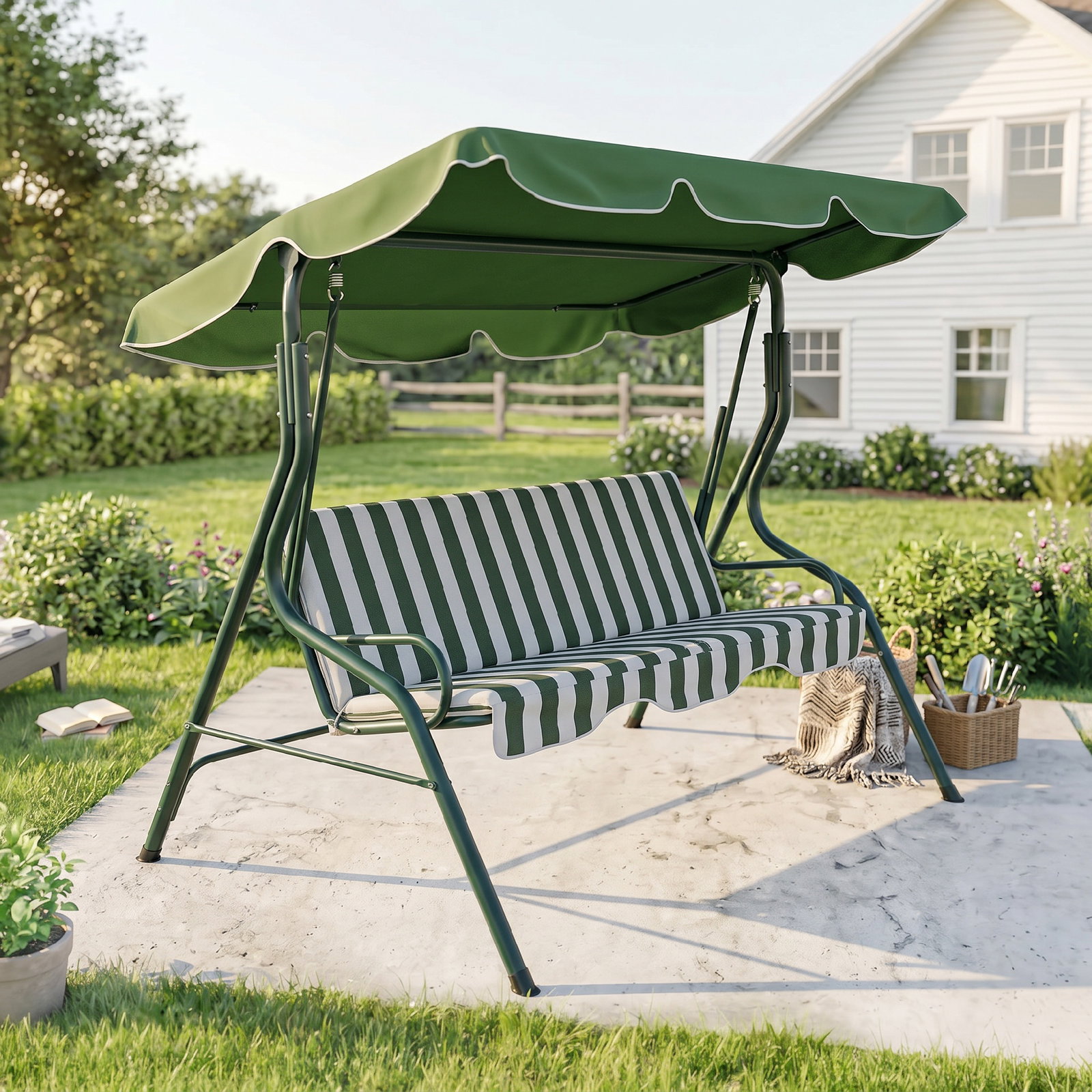 Baloiço de jardim de 2-3 lugares com almofada toldo ajustável terraço patio capacidade 240kg 170x110x153cm verde e branco