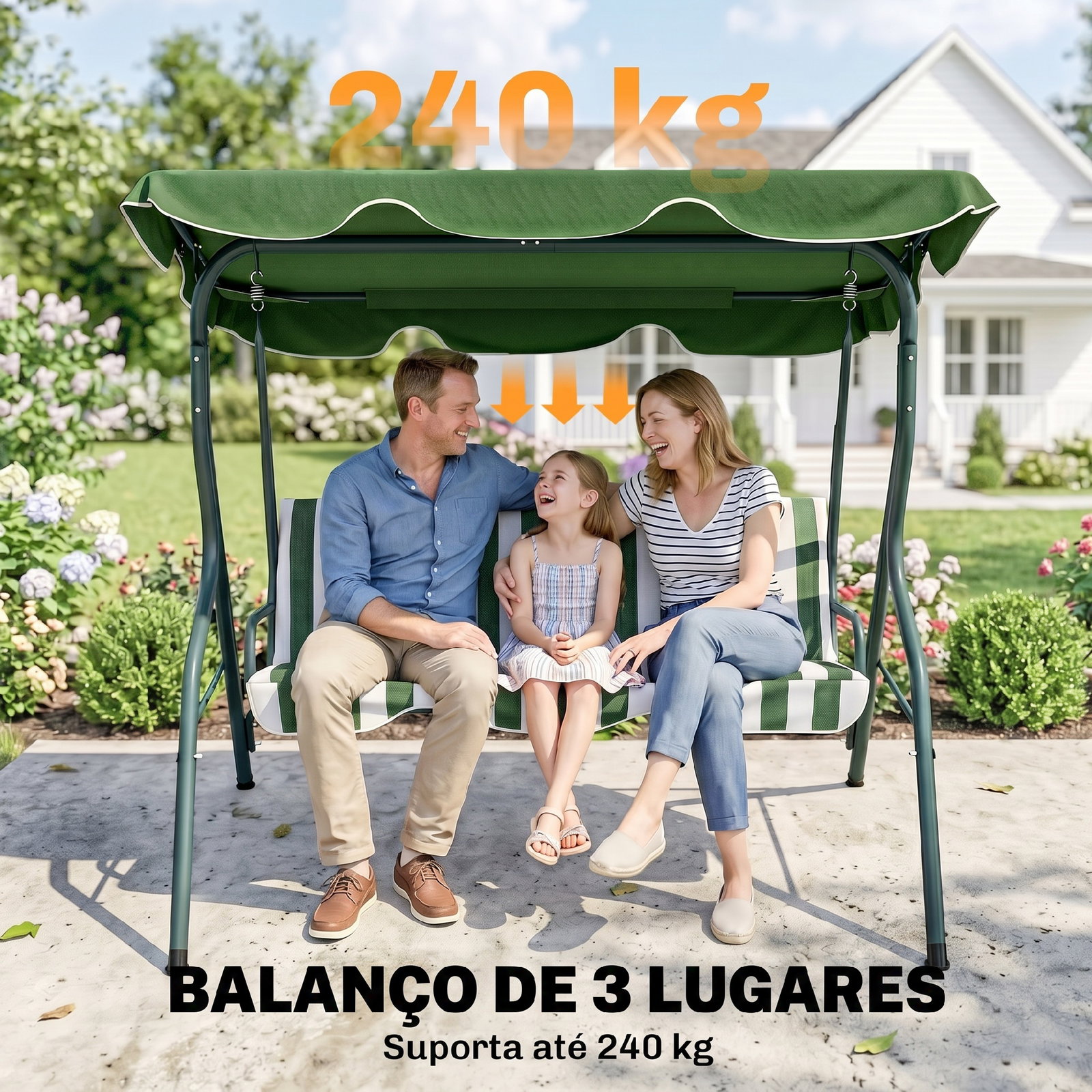 Baloiço de jardim de 2-3 lugares com almofada toldo ajustável terraço patio capacidade 240kg 170x110x153cm verde e branco