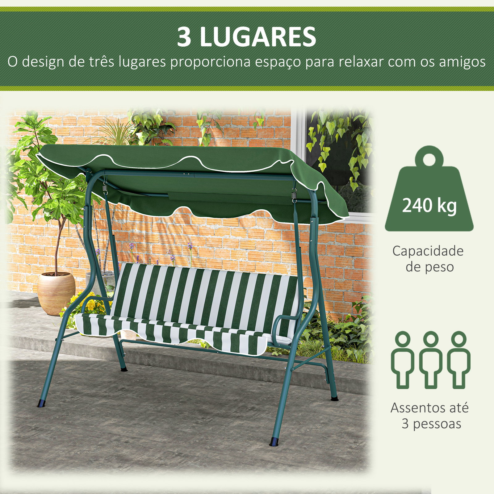 Baloiço de jardim de 2-3 lugares com almofada toldo ajustável terraço patio capacidade 240kg 170x110x153cm verde e branco
