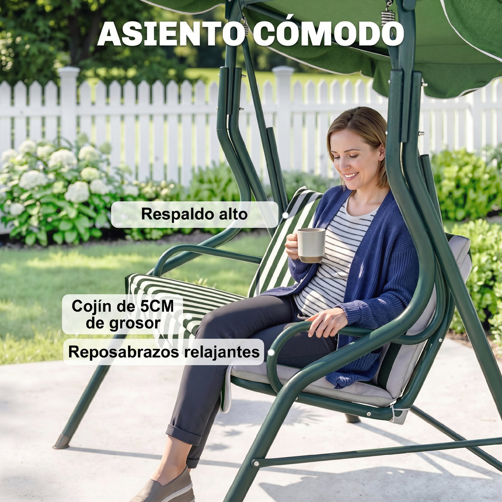 Baloiço de jardim de 2-3 lugares com almofada toldo ajustável terraço patio capacidade 240kg 170x110x153cm verde e branco