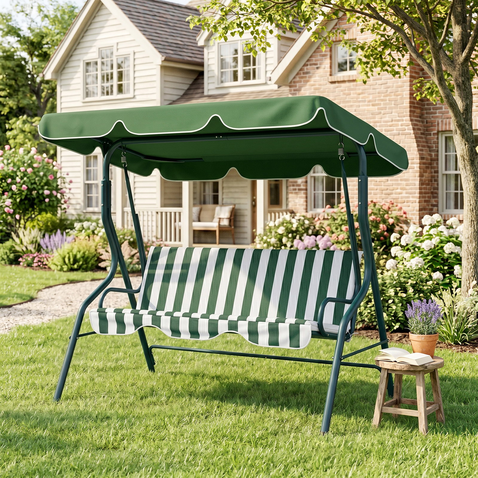 Baloiço de jardim de 2-3 lugares com almofada toldo ajustável terraço patio capacidade 240kg 170x110x153cm verde e branco