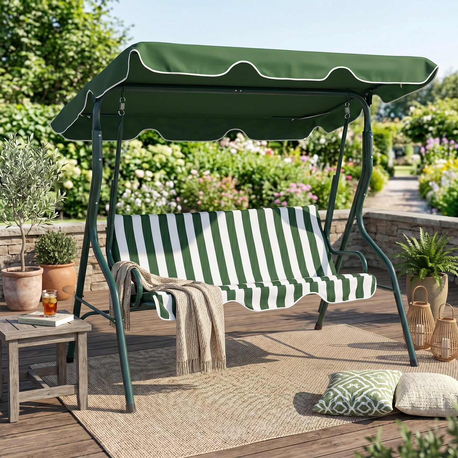 Baloiço de jardim de 2-3 lugares com almofada toldo ajustável terraço patio capacidade 240kg 170x110x153cm verde e branco