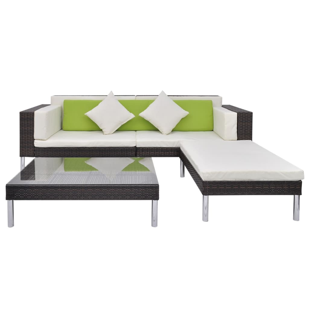 4 Pcs conjunto lounge jardim c/ almofadões vime PE castanho