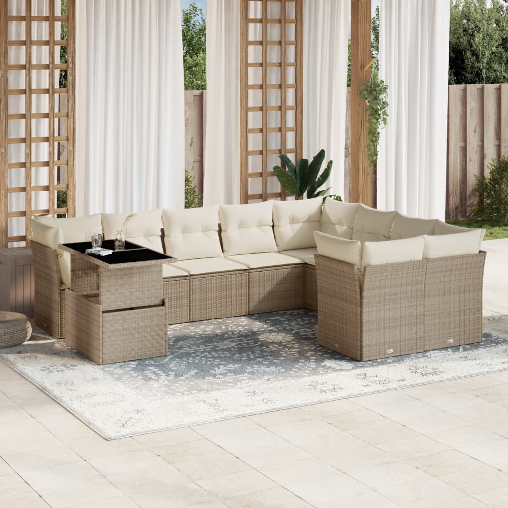 10 Pcs conjunto de sofás p/ jardim com almofadões vime PE bege